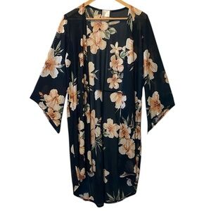 Siren Lily Sheer Kimono Women’s Medium Maternity Black Floral Lightweight Duster
